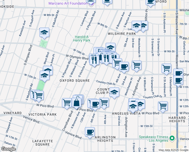 map of restaurants, bars, coffee shops, grocery stores, and more near 1053 South Bronson Avenue in Los Angeles