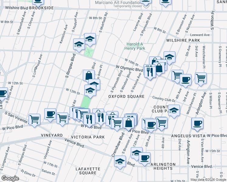 map of restaurants, bars, coffee shops, grocery stores, and more near 1136 South Lucerne Boulevard in Los Angeles