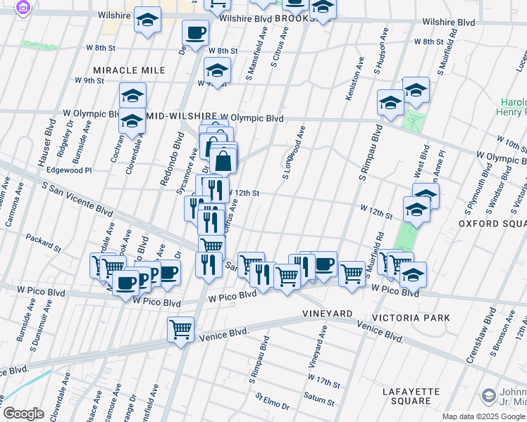 map of restaurants, bars, coffee shops, grocery stores, and more near 4918 West 12th Street in Los Angeles