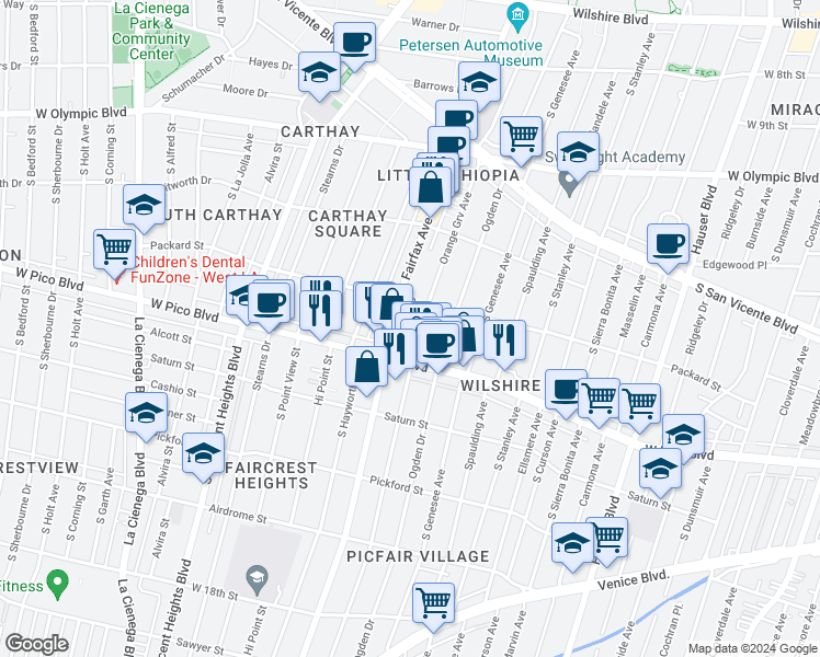 map of restaurants, bars, coffee shops, grocery stores, and more near 1300 South Orange Grove Avenue in Los Angeles