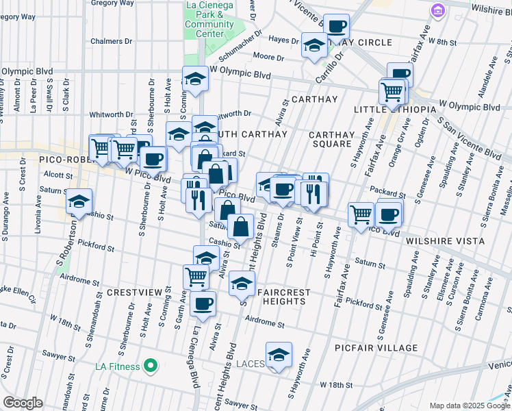 map of restaurants, bars, coffee shops, grocery stores, and more near in Los Angeles