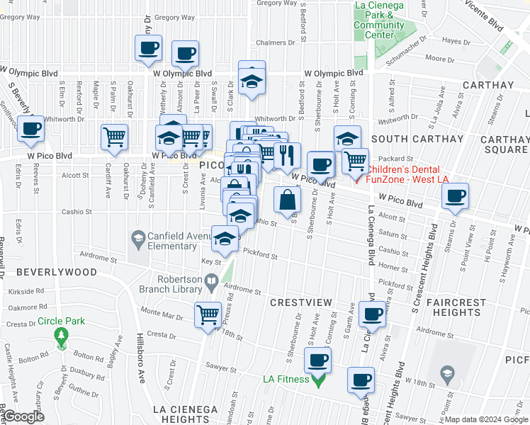 map of restaurants, bars, coffee shops, grocery stores, and more near 1455 South Wooster Street in Los Angeles