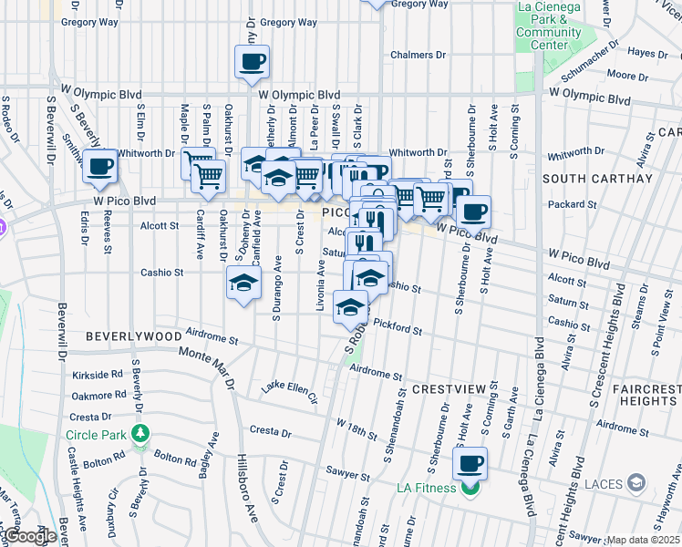 map of restaurants, bars, coffee shops, grocery stores, and more near 8856 Saturn Street in Los Angeles