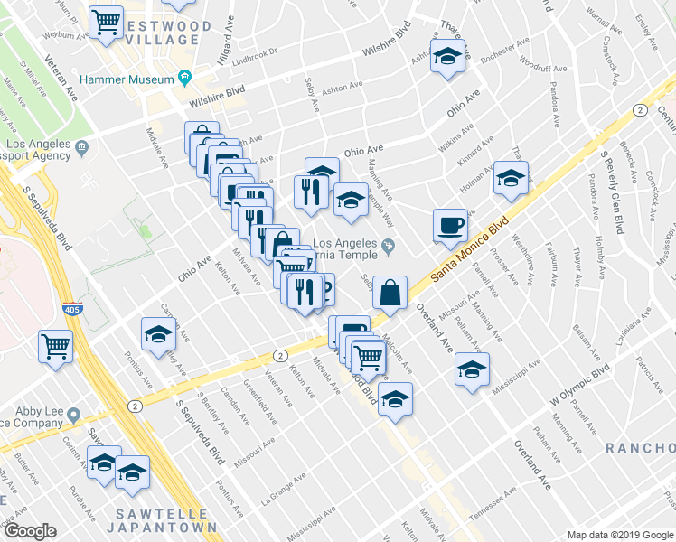 map of restaurants, bars, coffee shops, grocery stores, and more near 1646 Malcolm Avenue in Los Angeles