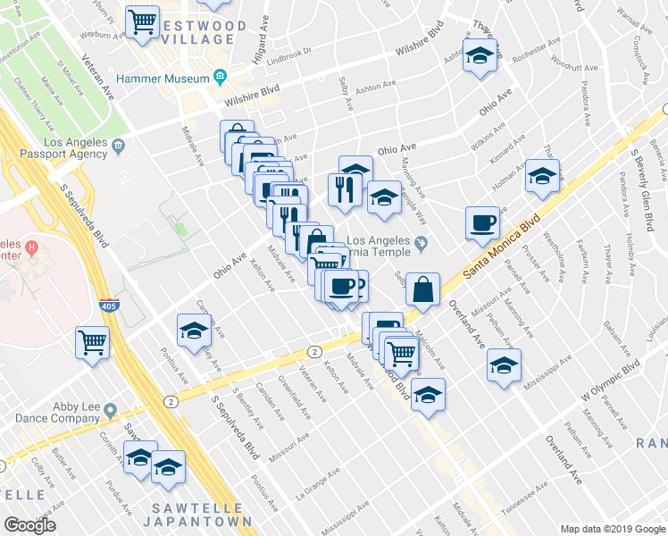 map of restaurants, bars, coffee shops, grocery stores, and more near 10838 Holman Avenue in Los Angeles