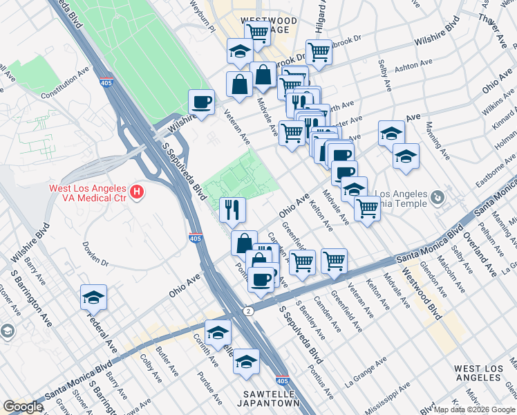 map of restaurants, bars, coffee shops, grocery stores, and more near 1400 Camden Avenue in Los Angeles