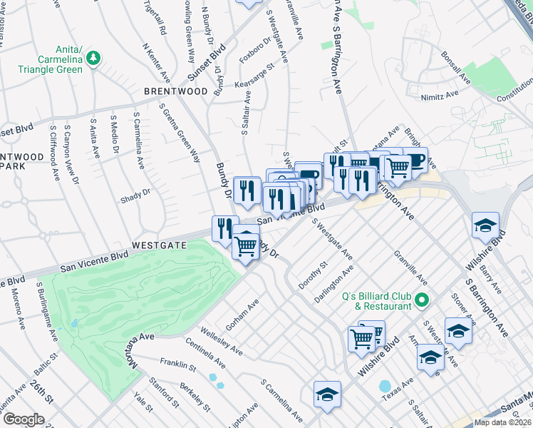 map of restaurants, bars, coffee shops, grocery stores, and more near 644 South Saltair Avenue in Los Angeles