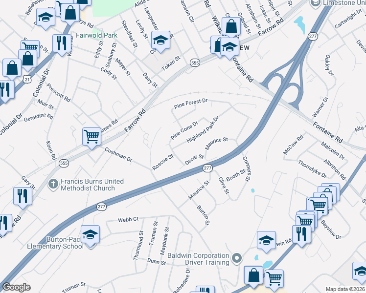 map of restaurants, bars, coffee shops, grocery stores, and more near 3912 Pine Cone Drive in Columbia