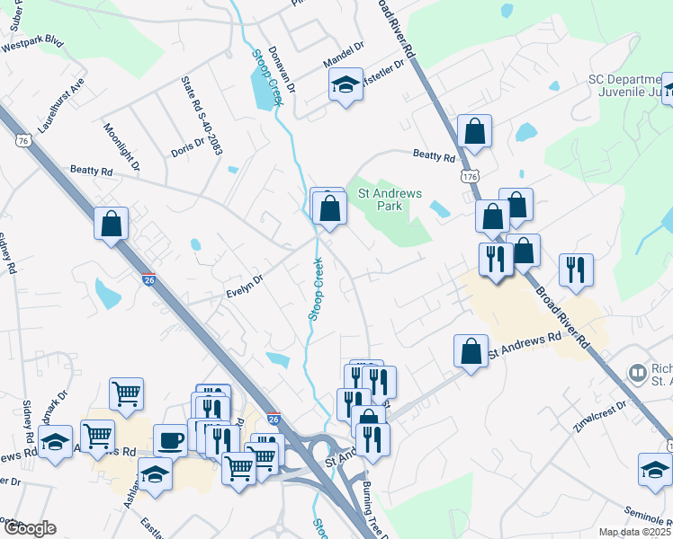 map of restaurants, bars, coffee shops, grocery stores, and more near 1004 Creekside Way in Columbia