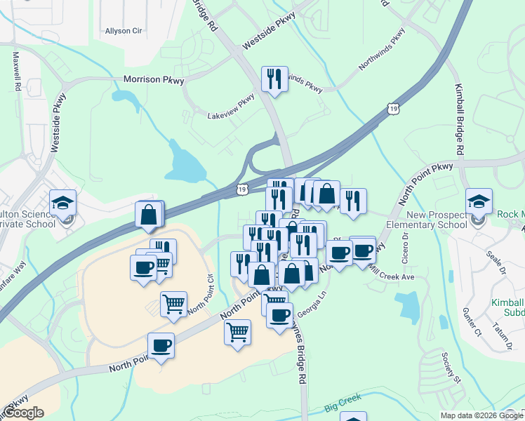 map of restaurants, bars, coffee shops, grocery stores, and more near 1950 Rock Mill Road in Alpharetta