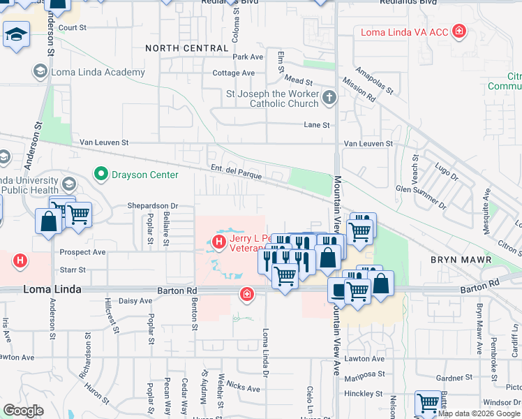 map of restaurants, bars, coffee shops, grocery stores, and more near 11083 Willis Drive in Loma Linda