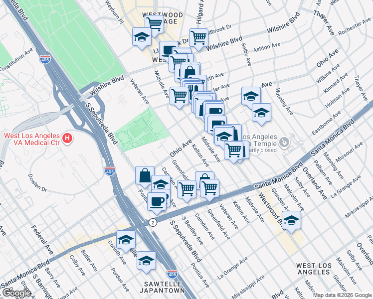 map of restaurants, bars, coffee shops, grocery stores, and more near in Los Angeles