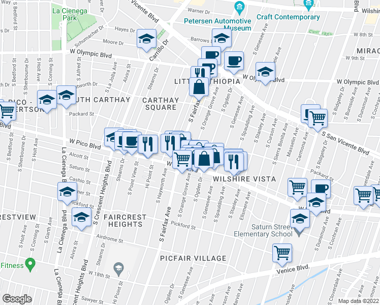 map of restaurants, bars, coffee shops, grocery stores, and more near 1300 South Orange Grove Avenue in Los Angeles