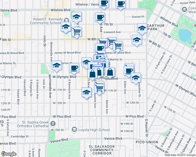 map of restaurants, bars, coffee shops, grocery stores, and more near 978s Vermont Avenue in Los Angeles