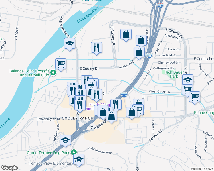 map of restaurants, bars, coffee shops, grocery stores, and more near 1401 East Santo Antonio Drive in Colton