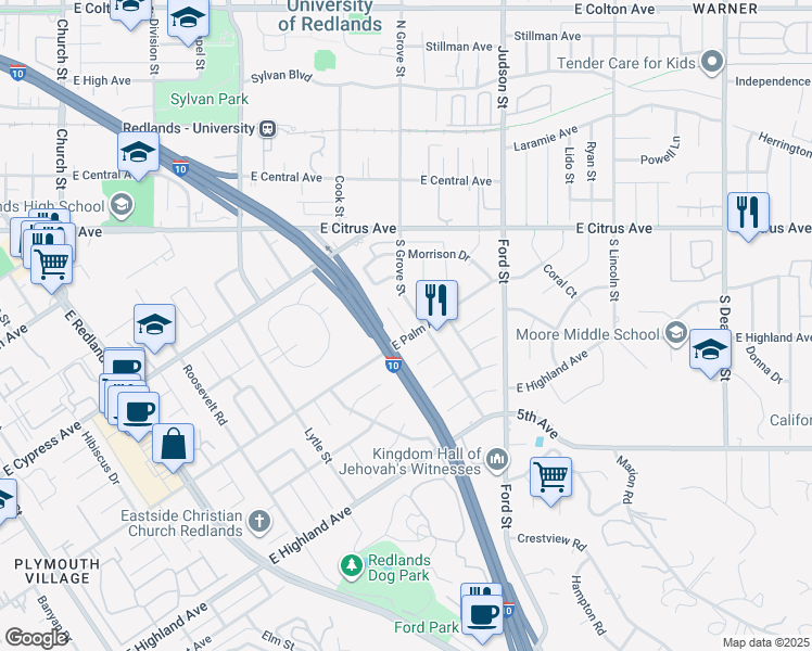 map of restaurants, bars, coffee shops, grocery stores, and more near 743 McAuliffe Court in Redlands