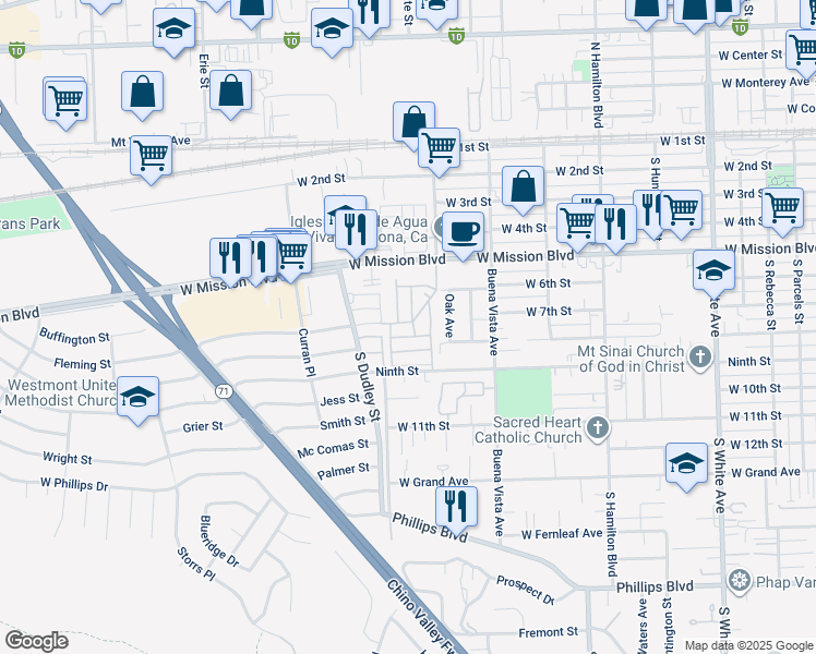 map of restaurants, bars, coffee shops, grocery stores, and more near 1401 West 9th Street in Pomona