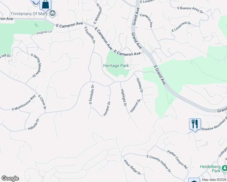 map of restaurants, bars, coffee shops, grocery stores, and more near 1010 Hooper Drive in West Covina