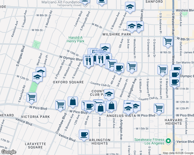 map of restaurants, bars, coffee shops, grocery stores, and more near 1059 South Norton Avenue in Los Angeles