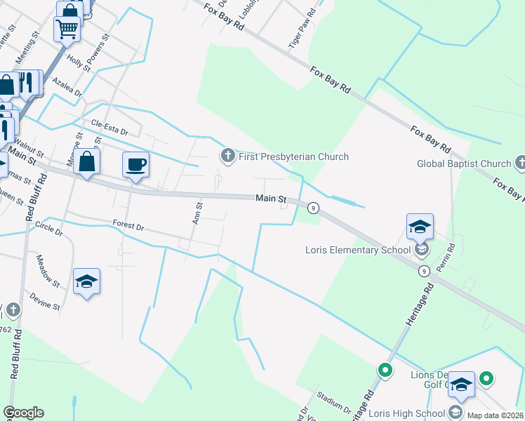 map of restaurants, bars, coffee shops, grocery stores, and more near 5732 Main Street in Loris