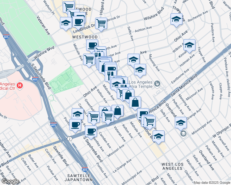 map of restaurants, bars, coffee shops, grocery stores, and more near 1621 Westwood Boulevard in Los Angeles