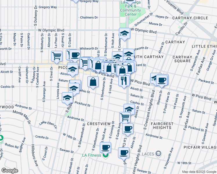 map of restaurants, bars, coffee shops, grocery stores, and more near 1423 South Holt Avenue in Los Angeles