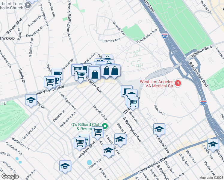 map of restaurants, bars, coffee shops, grocery stores, and more near 11627 Mayfield Avenue in Los Angeles