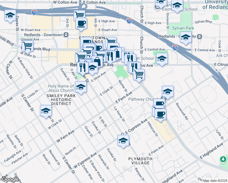 map of restaurants, bars, coffee shops, grocery stores, and more near 316 Sonora Street in Redlands