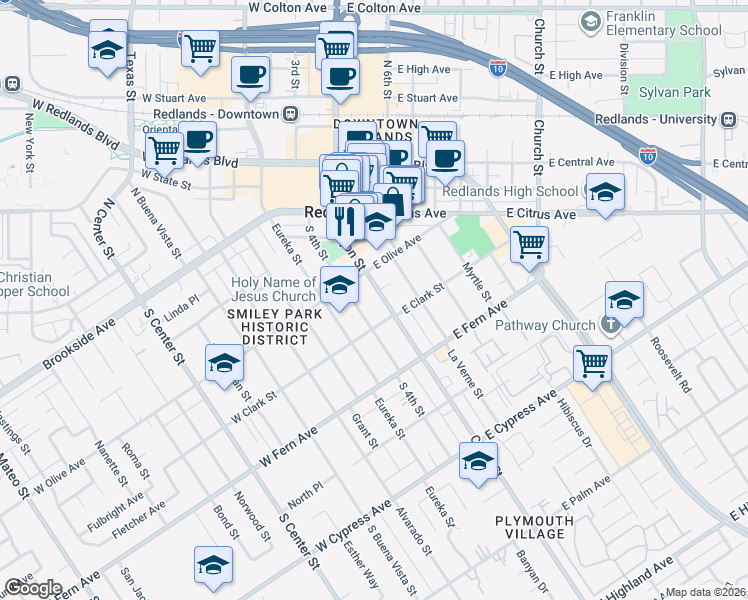 map of restaurants, bars, coffee shops, grocery stores, and more near 51 West Olive Avenue in Redlands