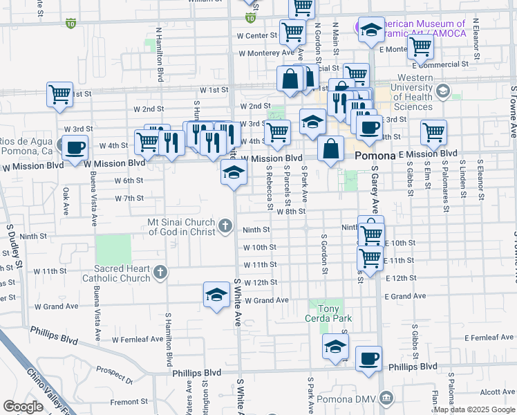 map of restaurants, bars, coffee shops, grocery stores, and more near 773 West 8th Street in Pomona