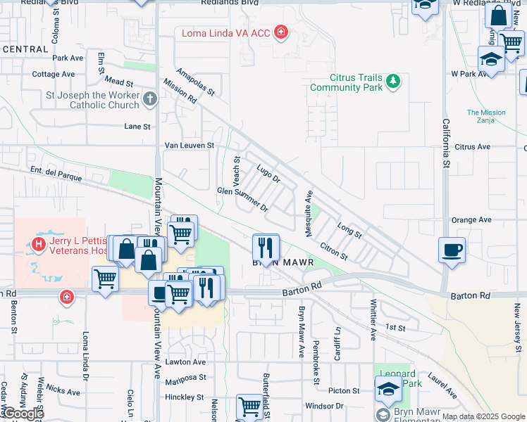 map of restaurants, bars, coffee shops, grocery stores, and more near 11082 Boren Avenue in Loma Linda
