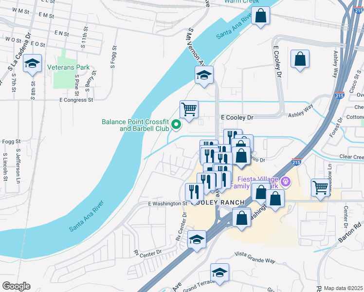 map of restaurants, bars, coffee shops, grocery stores, and more near 1043 South Santo Antonio Drive in Colton