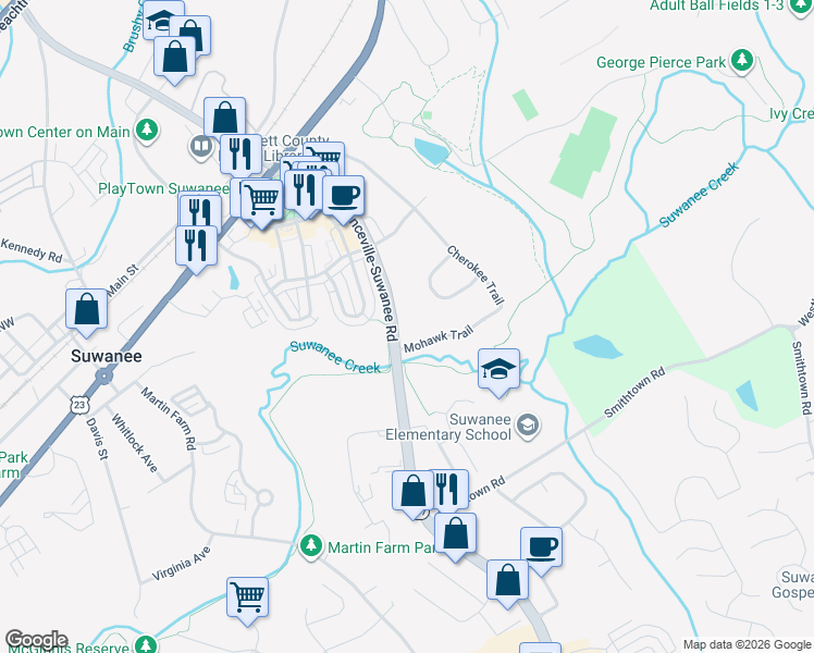 map of restaurants, bars, coffee shops, grocery stores, and more near 3805 Lawrenceville-Suwanee Road in Suwanee