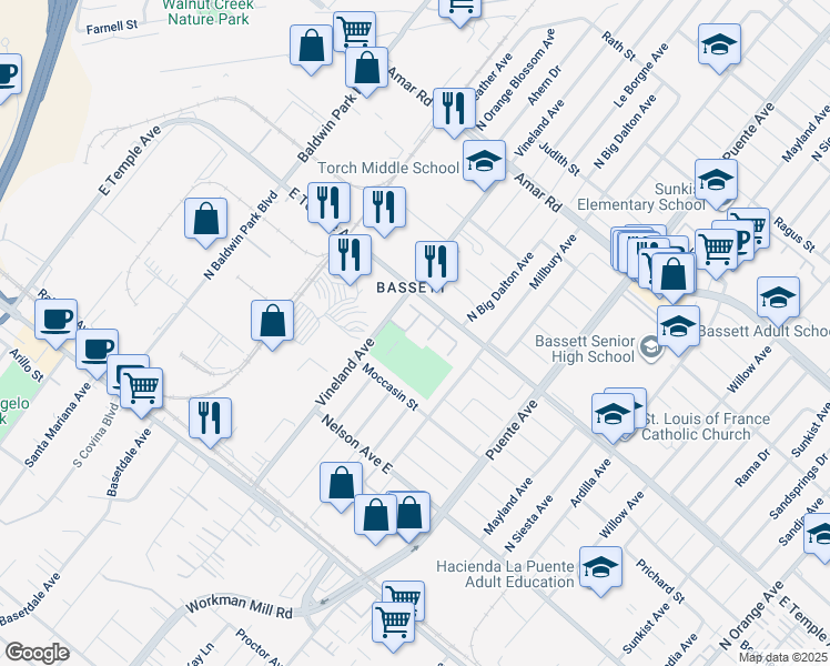 map of restaurants, bars, coffee shops, grocery stores, and more near 13426 Austen Way in La Puente