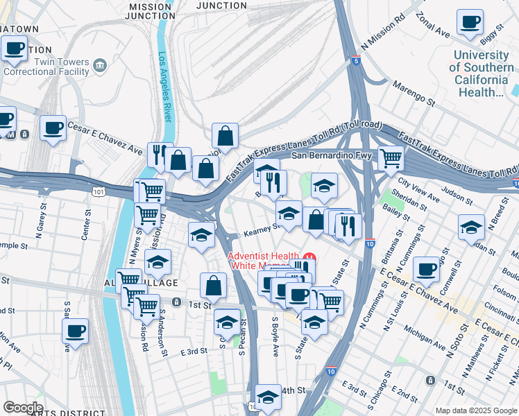 map of restaurants, bars, coffee shops, grocery stores, and more near 1400 Bridge Street in Los Angeles