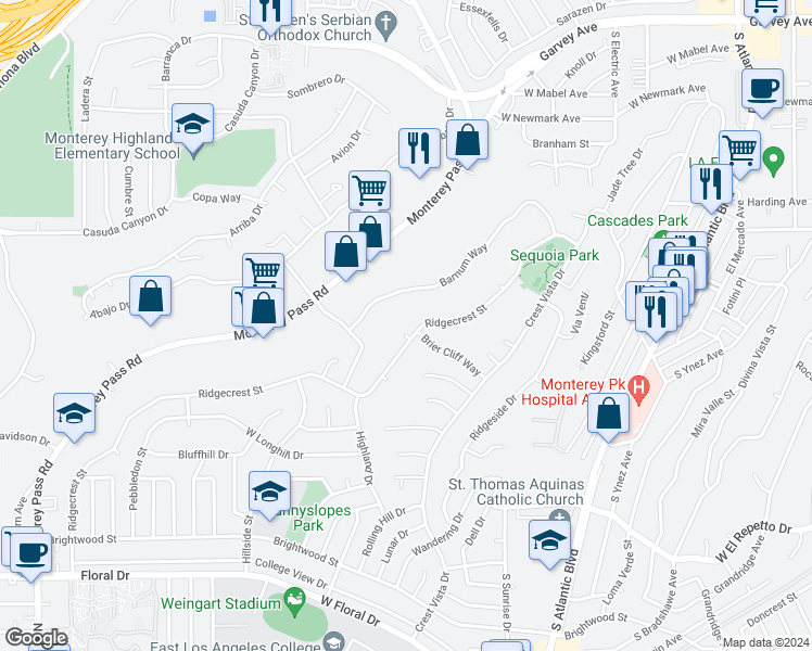 map of restaurants, bars, coffee shops, grocery stores, and more near 857 Donner Place in Monterey Park
