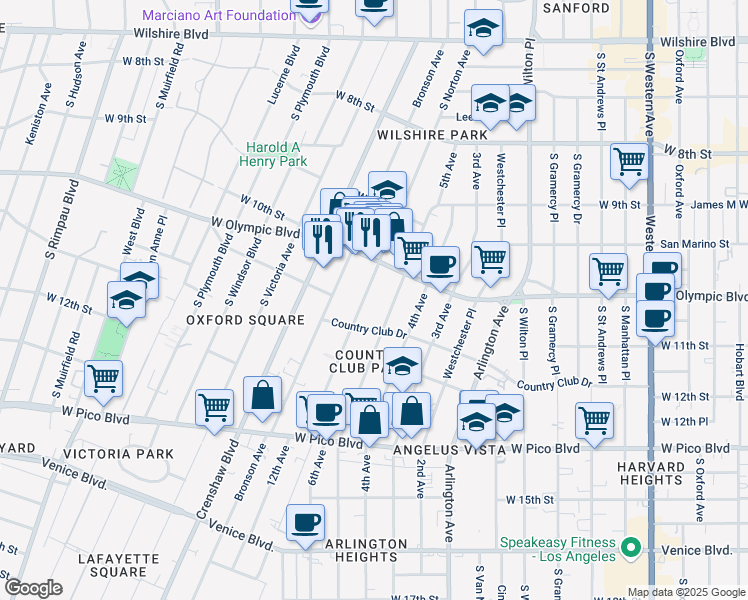 map of restaurants, bars, coffee shops, grocery stores, and more near 1027 South Norton Avenue in Los Angeles