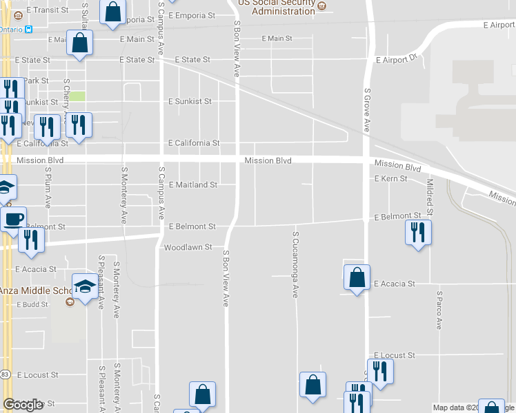map of restaurants, bars, coffee shops, grocery stores, and more near 1107 South Greenwood Avenue in Ontario