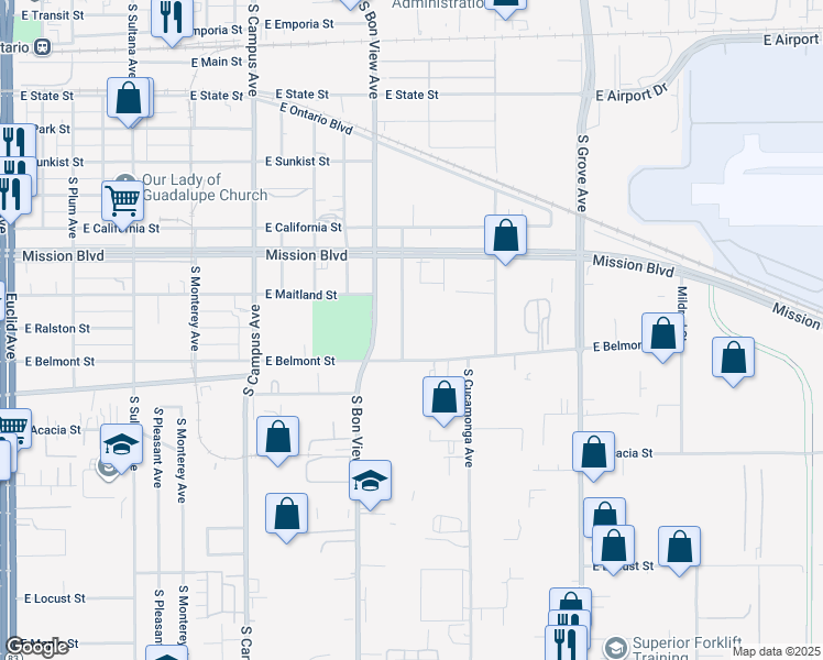 map of restaurants, bars, coffee shops, grocery stores, and more near 1107 South Greenwood Avenue in Ontario