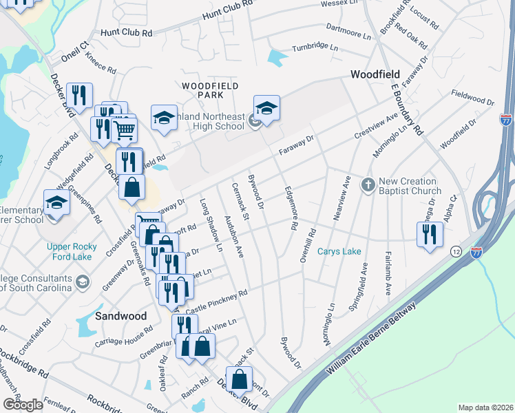 map of restaurants, bars, coffee shops, grocery stores, and more near 1825 Bywood Drive in Columbia