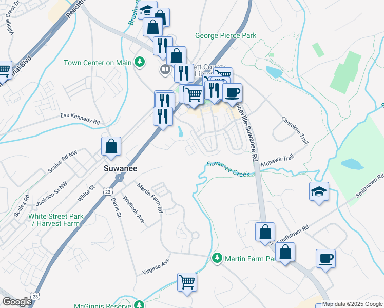 map of restaurants, bars, coffee shops, grocery stores, and more near 483 Via Secco Lane in Suwanee