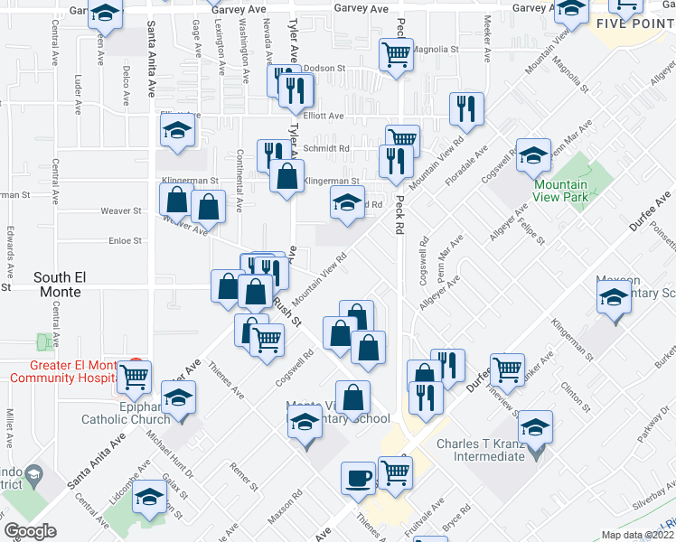 map of restaurants, bars, coffee shops, grocery stores, and more near 2120 Mountain View Road in El Monte