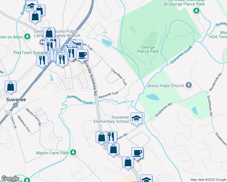 map of restaurants, bars, coffee shops, grocery stores, and more near 219 Mohawk Trail in Suwanee