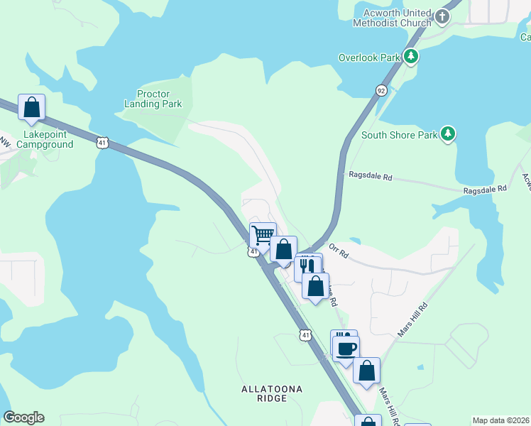 map of restaurants, bars, coffee shops, grocery stores, and more near 3943 Abernathy Farm Way Northwest in Acworth
