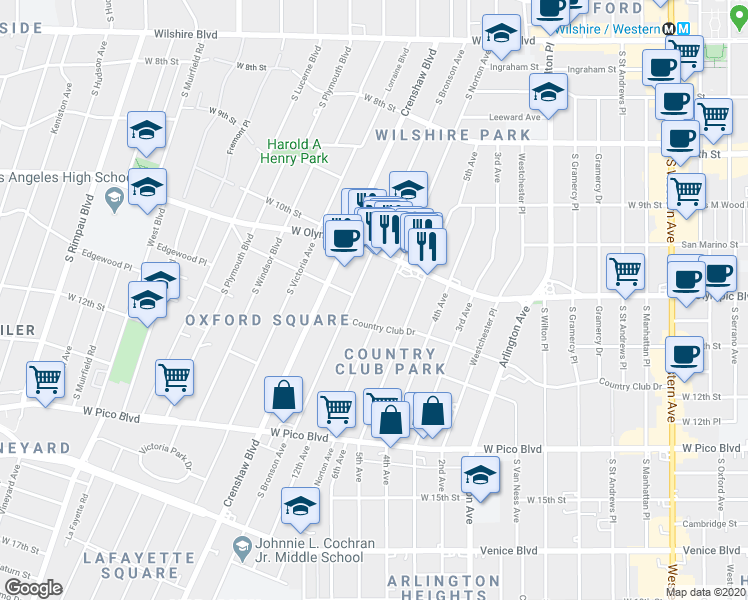 map of restaurants, bars, coffee shops, grocery stores, and more near 1035 South Norton Avenue in Los Angeles