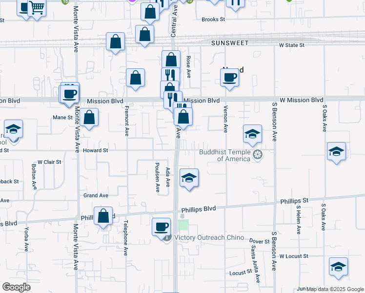 map of restaurants, bars, coffee shops, grocery stores, and more near 11075 Central Avenue in Ontario