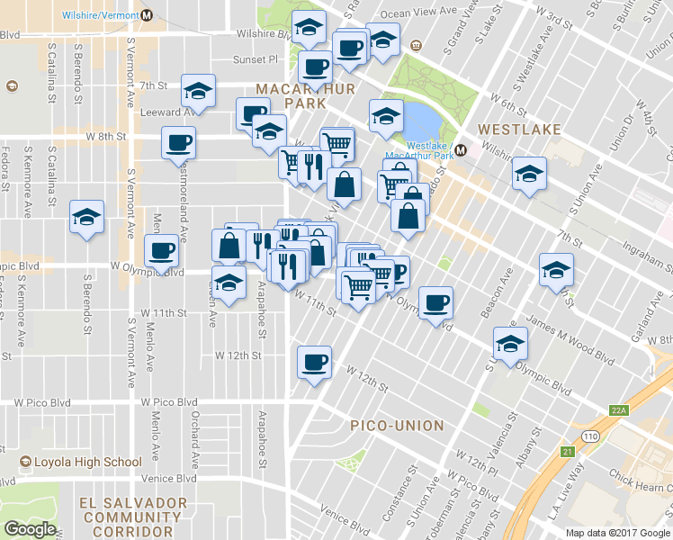 map of restaurants, bars, coffee shops, grocery stores, and more near 1000 South Grand View Street in Los Angeles