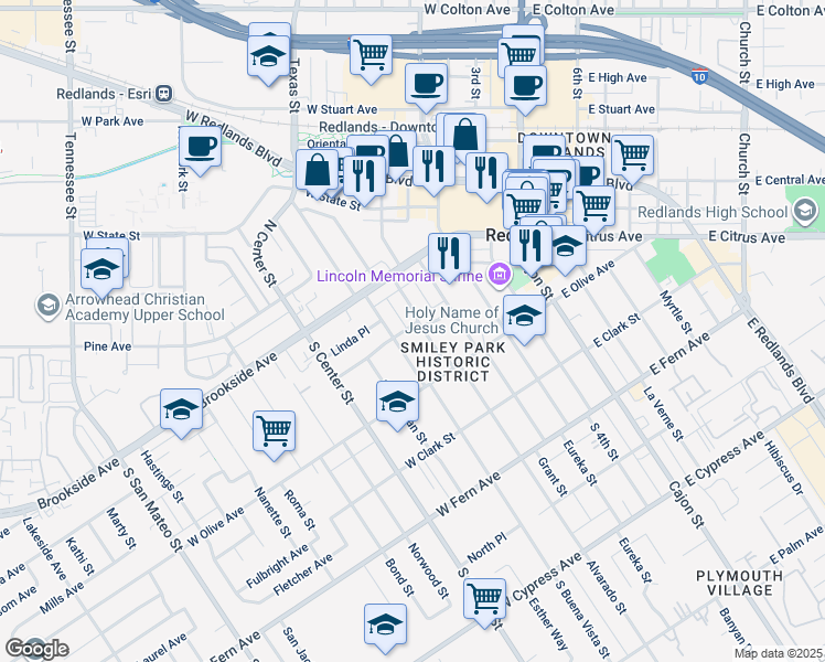 map of restaurants, bars, coffee shops, grocery stores, and more near 102 Parkwood Drive in Redlands