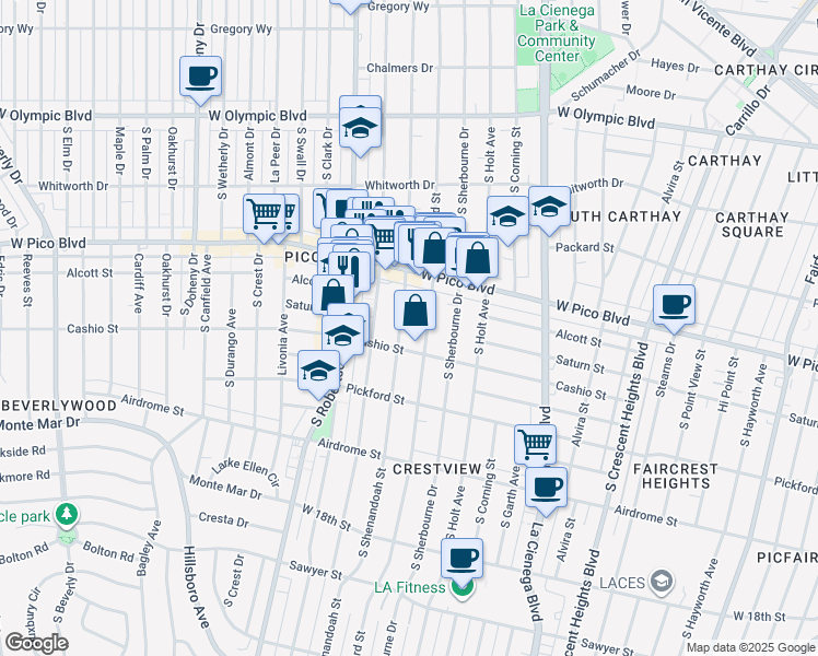 map of restaurants, bars, coffee shops, grocery stores, and more near 1462 South Shenandoah Street in Los Angeles