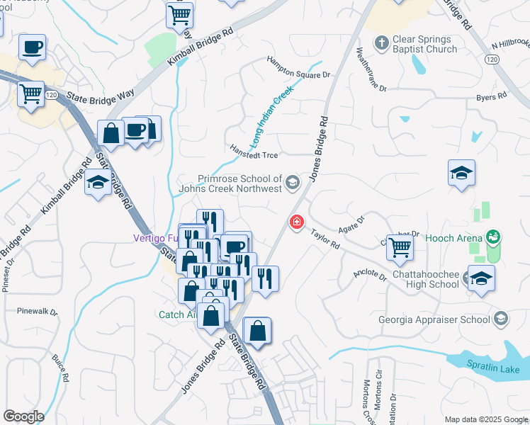 map of restaurants, bars, coffee shops, grocery stores, and more near 11195 Crowthore Court in Alpharetta